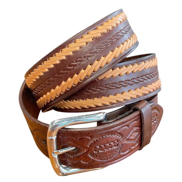 Brown Leather Mens 42 Western Belt Tan Dk Brown Stitching Southwest Cowboy - Picture 1 of 9